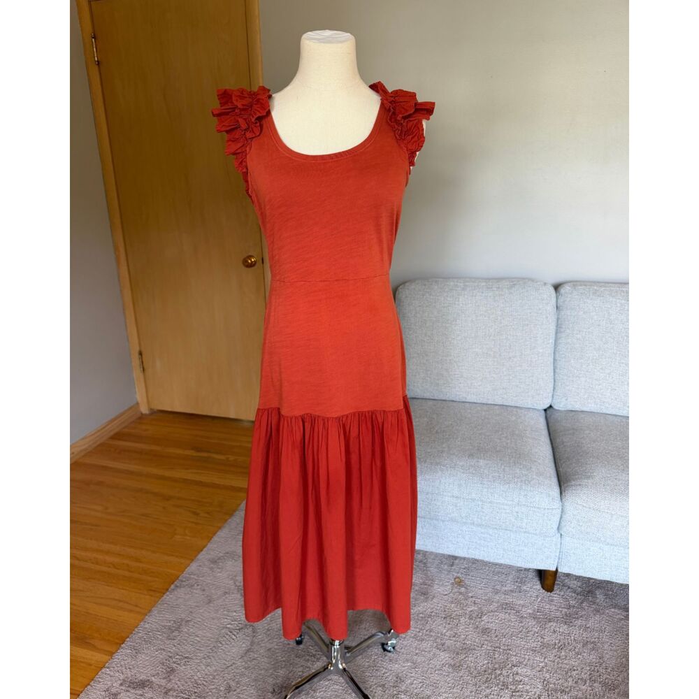 Nation LTD Rust Orange Everleigh Frilly Midi Scoop Neck Dress Drop Waist M
